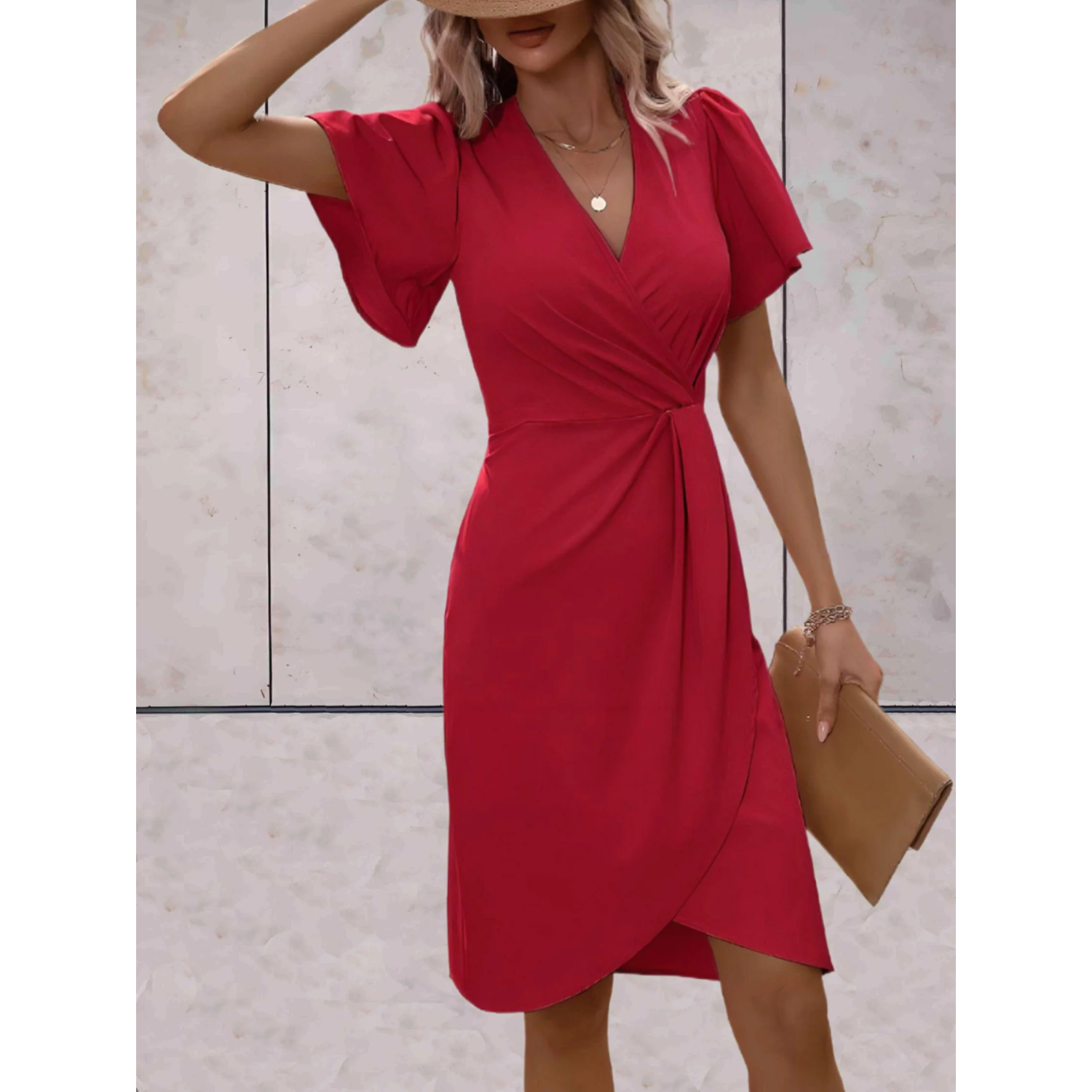 Omara | Elegante vrouwen wikkeljurk - V-hals, korte mouwen, vloeiende pasvorm, casual tot formele midi-jurk