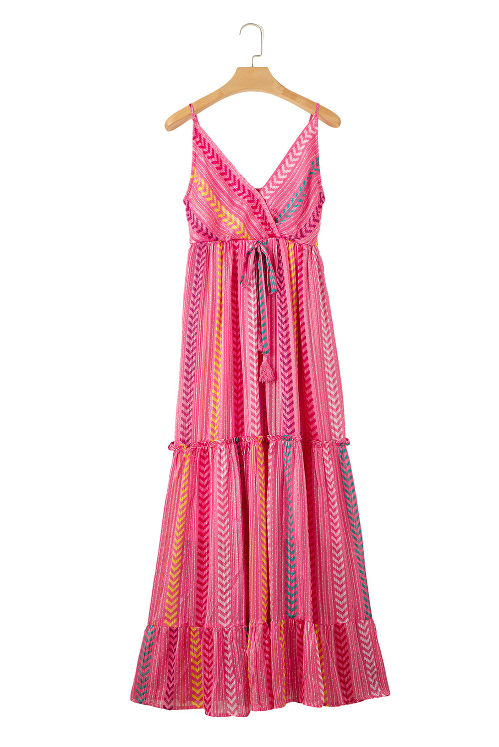 Mevelyn | Boho Western Maxi-jurk voor vrouwen - Roze V-hals met kwastjes, spaghettibandjes & allover print