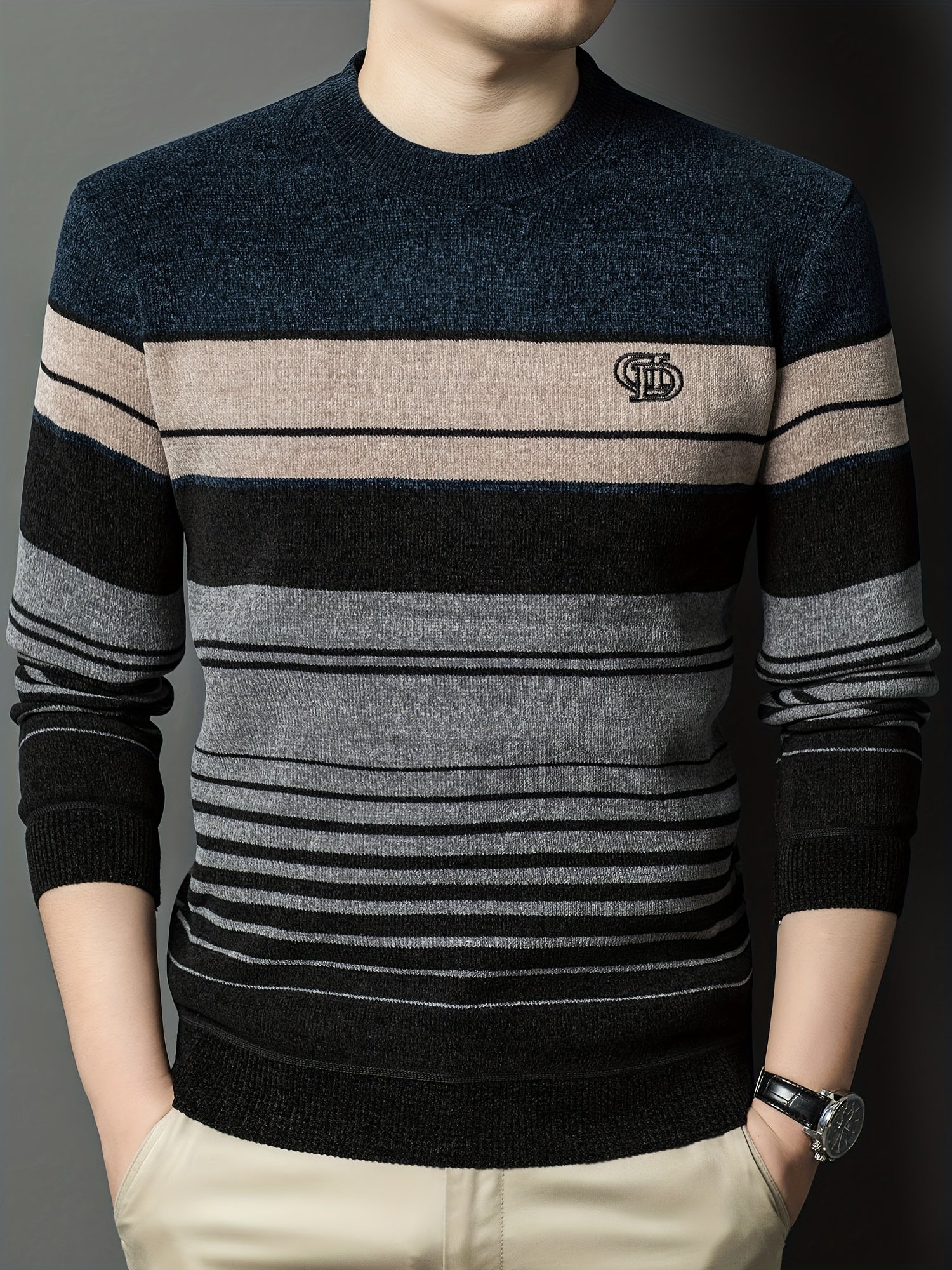 Dagursson | Thermische fleece gevoerde wintertrui voor heren – Warme gestreepte gebreide pullover