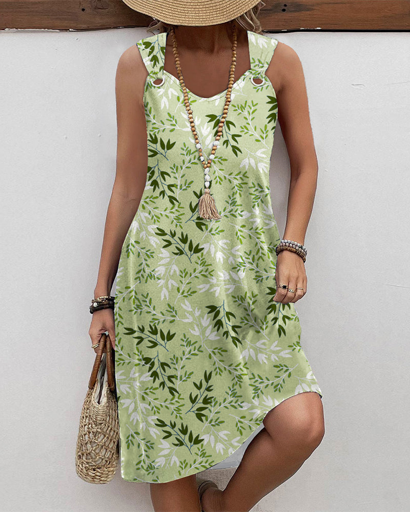 Avenelle | Mouwloze jurk met bladprint - Casual zomer vloeiende midi jurk voor dames