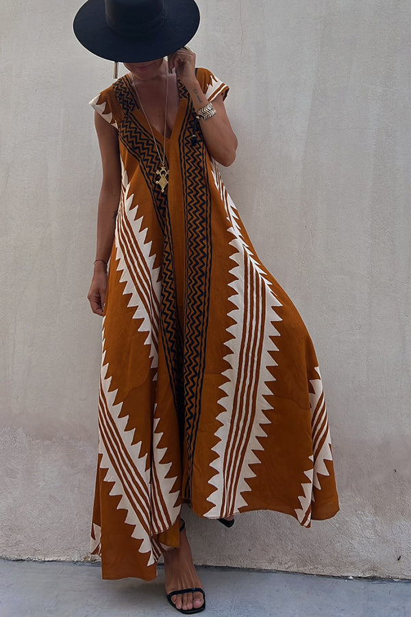 Valindrae | Boho geometrische print maxi-jurk zonder mouwen - Vloeiend, oversized, zomer strand & vrijetijdskleding