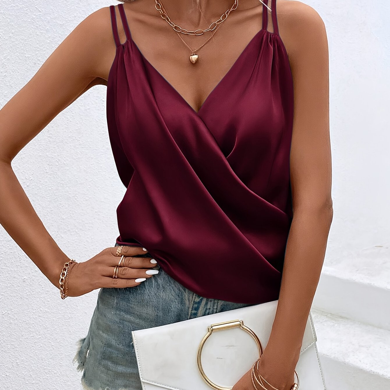 Alicia | Dames Satijnen Wikkel V-Hals Mouwloze Top - Elegante Blouse met Ruches