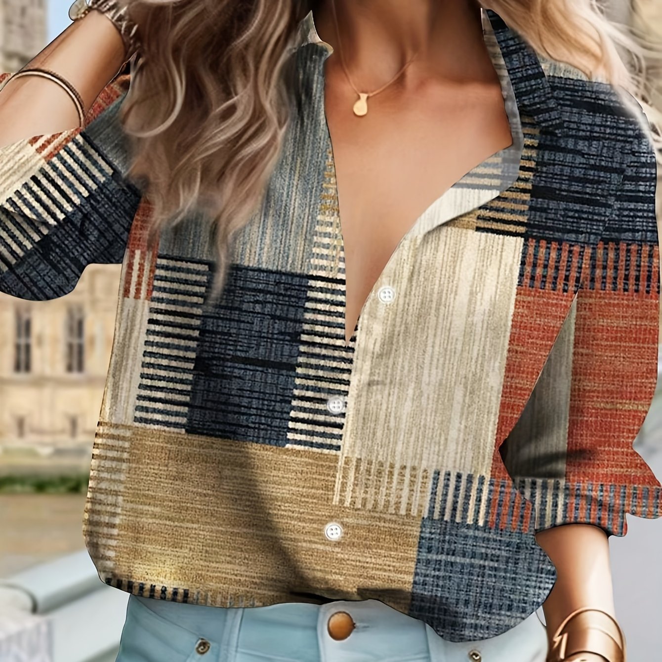 Wendira | Dames Patchwork Blouse met Lange Mouwen en Knoopsluiting – Stijlvol Design in Gemengde Kleuren