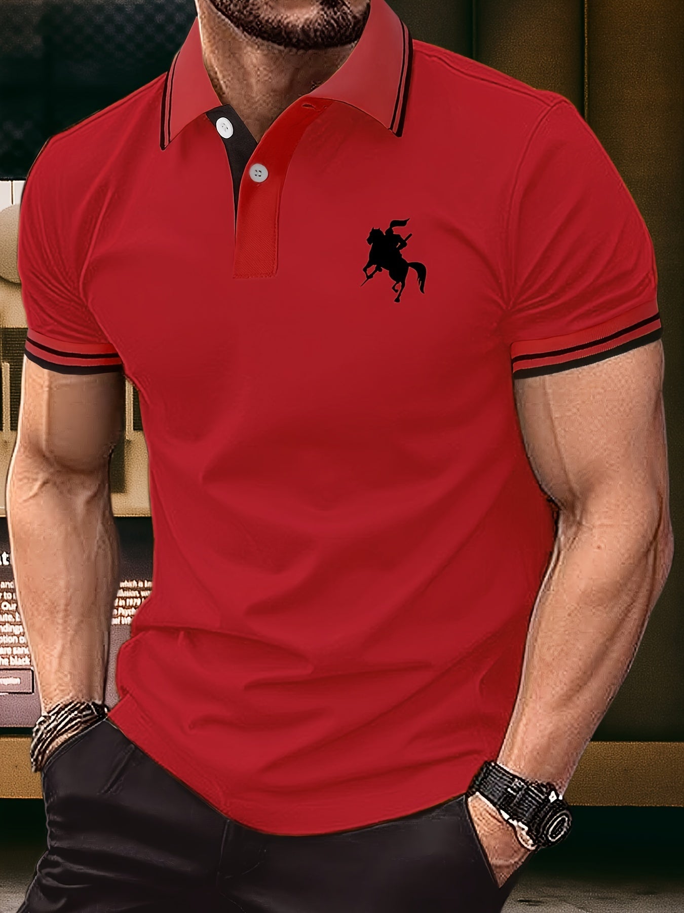 Evren | Heren paarden ridder print korte mouwen Polo Henley shirt - stijlvolle vrijetijdskleding