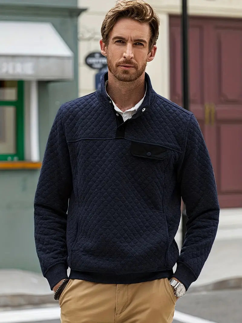 Lykka | Heren sweater met gewatteerde opstaande kraag en halve knopen – Casual herfst-wintertrui