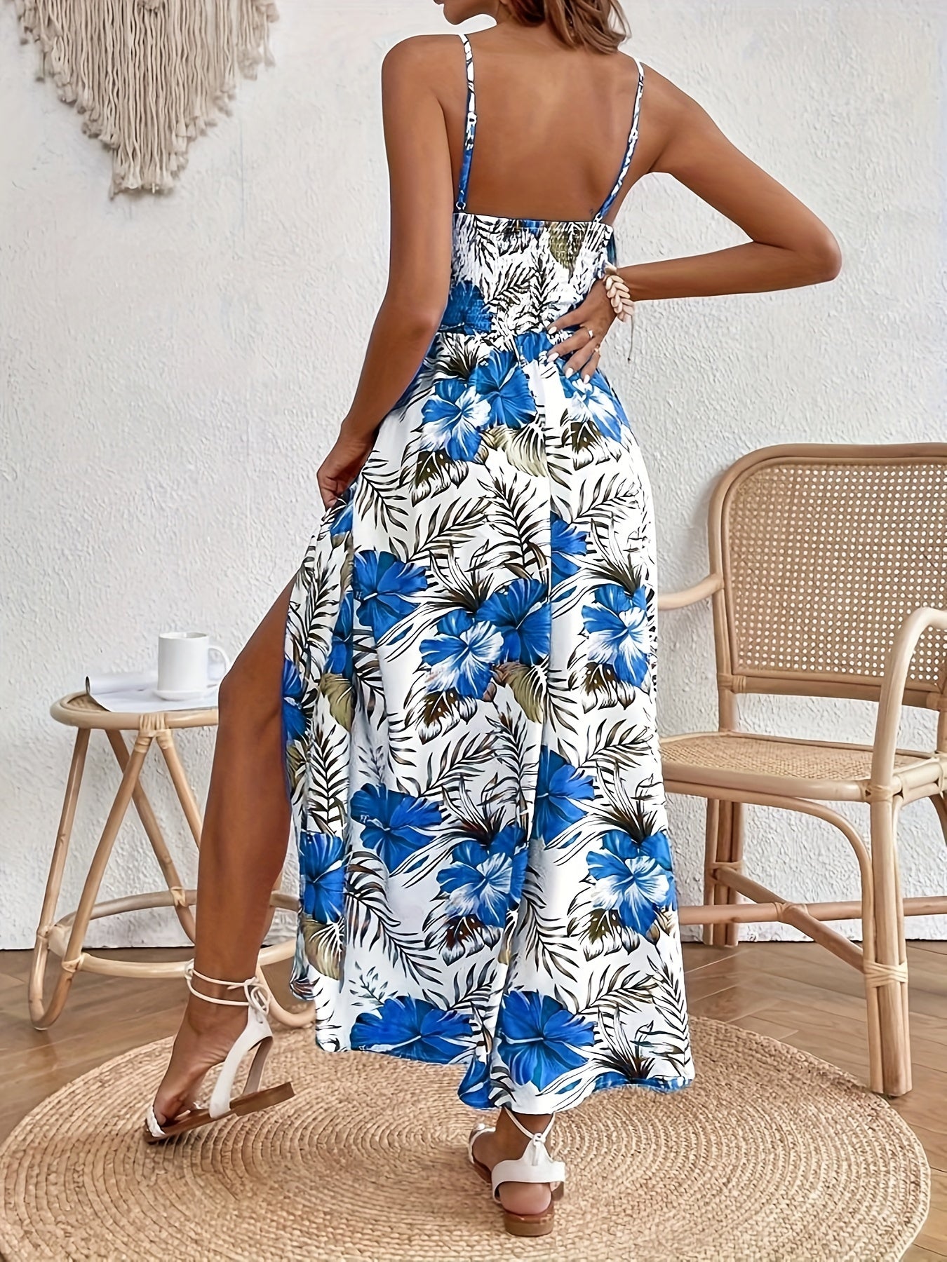 Helma | Spaghettibandjurk met bloemenprint - Elegante Splitjurk zonder mouwen voor vrouwen