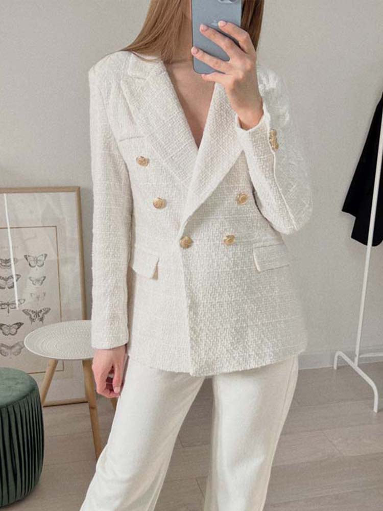 Hanneli | Beige tweed blazer met dubbele knoopsluiting voor dames, elegante getailleerde pasvorm