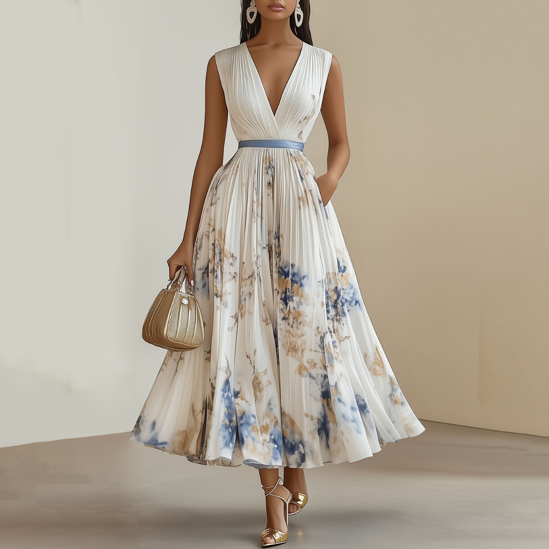 Wanda | Elegante Bloemen Ceremonie Jurk - Diepe V-hals, Vloeiende Geplooide Maxi Jurk