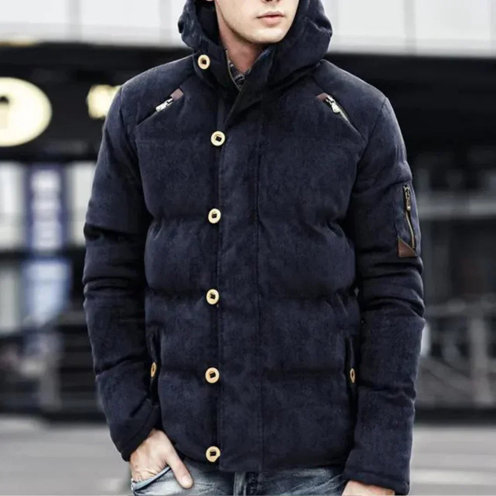 Hadron | Dikke gewatteerde herenjas met capuchon - warme parka in suède-look, geïsoleerde winterjas