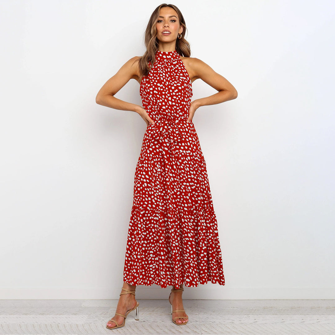 Pyrenith | Elegante Halternek Flowy Maxi-jurk - Mouwloos, Strikband, Polkadots