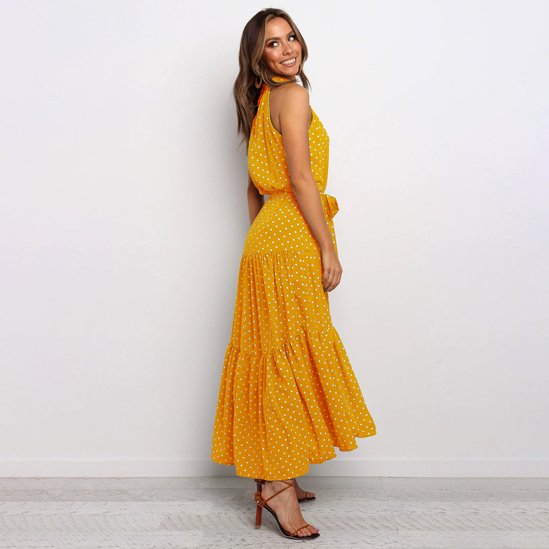 Pyrenith | Elegante Halternek Flowy Maxi-jurk - Mouwloos, Strikband, Polkadots