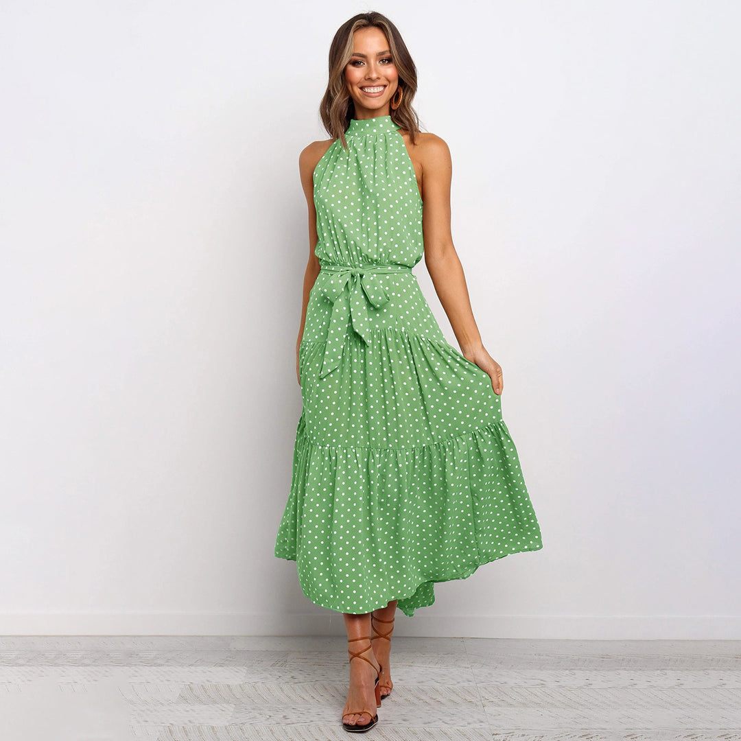 Pyrenith | Elegante Halternek Flowy Maxi-jurk - Mouwloos, Strikband, Polkadots