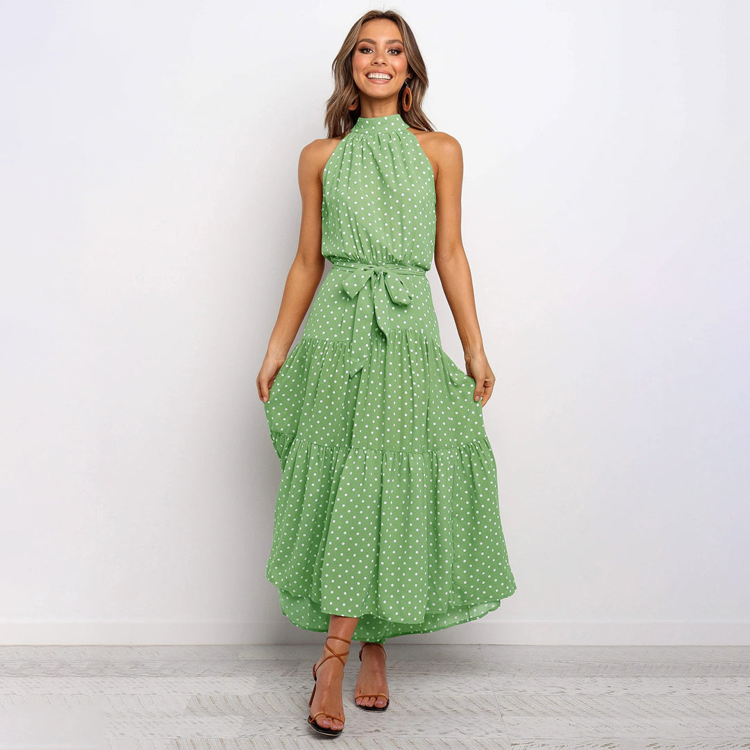 Pyrenith | Elegante Halternek Flowy Maxi-jurk - Mouwloos, Strikband, Polkadots