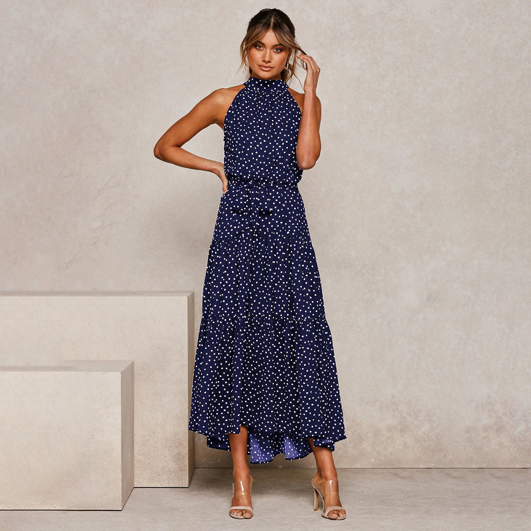 Pyrenith | Elegante Halternek Flowy Maxi-jurk - Mouwloos, Strikband, Polkadots