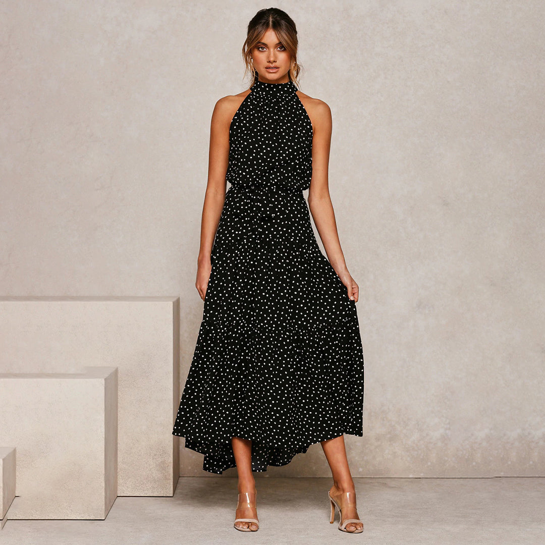 Pyrenith | Elegante Halternek Flowy Maxi-jurk - Mouwloos, Strikband, Polkadots