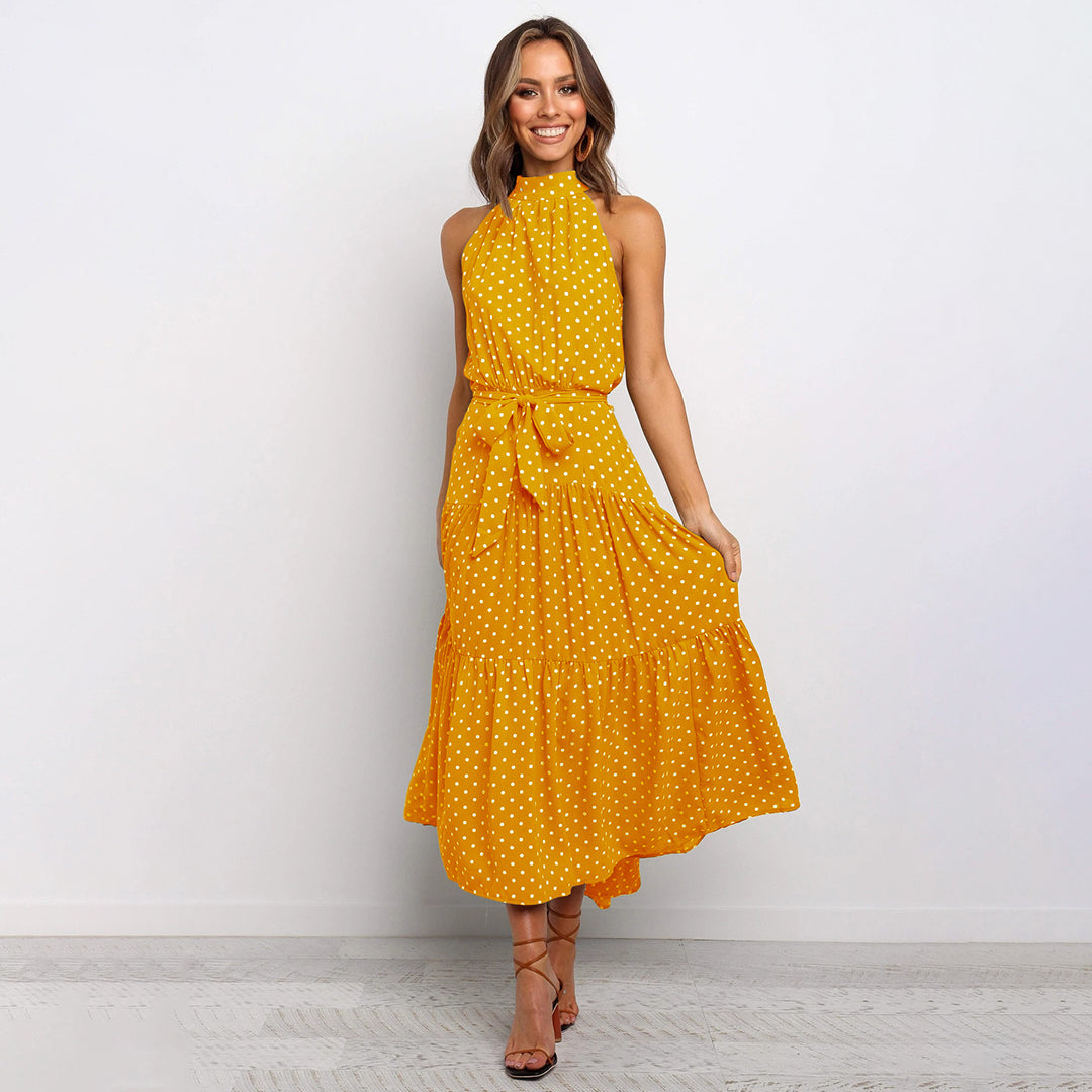 Pyrenith | Elegante Halternek Flowy Maxi-jurk - Mouwloos, Strikband, Polkadots
