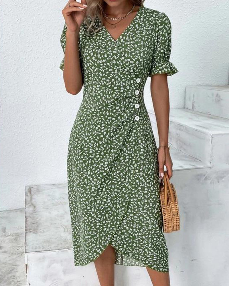 Cintia | Gebloemde midi-jurk met pofmouwen - Elegante casual zomerjurk