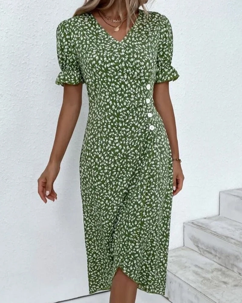 Cintia | Gebloemde midi-jurk met pofmouwen - Elegante casual zomerjurk