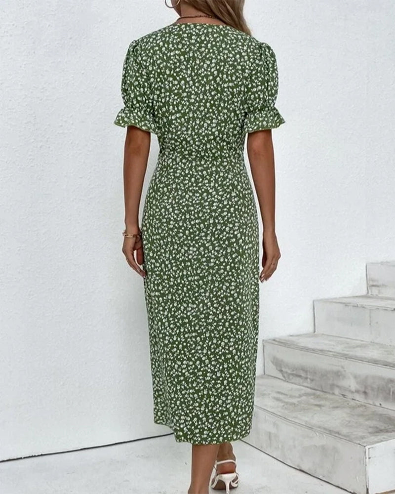 Cintia | Gebloemde midi-jurk met pofmouwen - Elegante casual zomerjurk