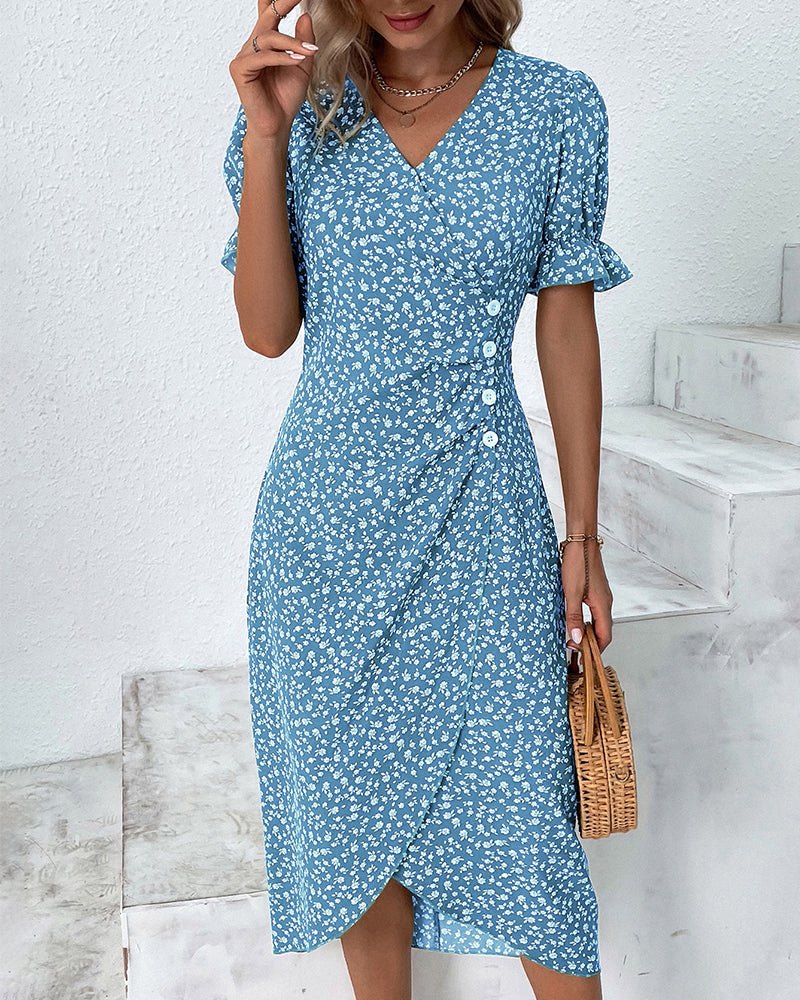 Cintia | Gebloemde midi-jurk met pofmouwen - Elegante casual zomerjurk
