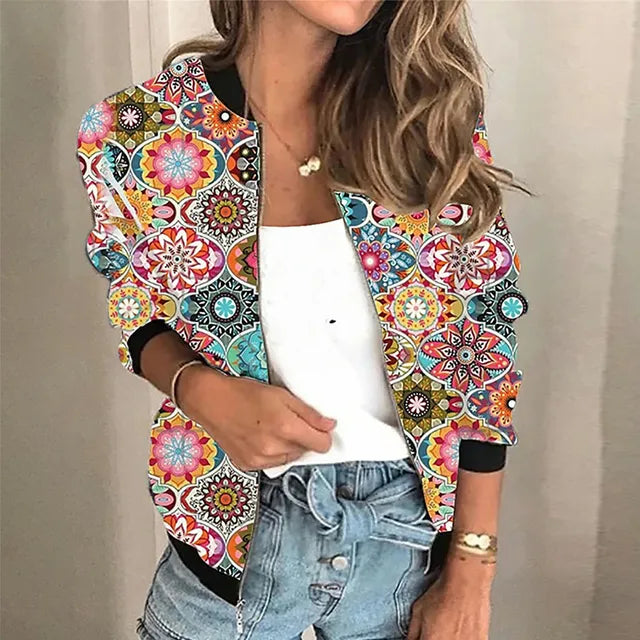 Feylina | Dames bomberjack met print – Lichtgewicht casual jas met ritssluiting, trendy streetwear-bovenkleding