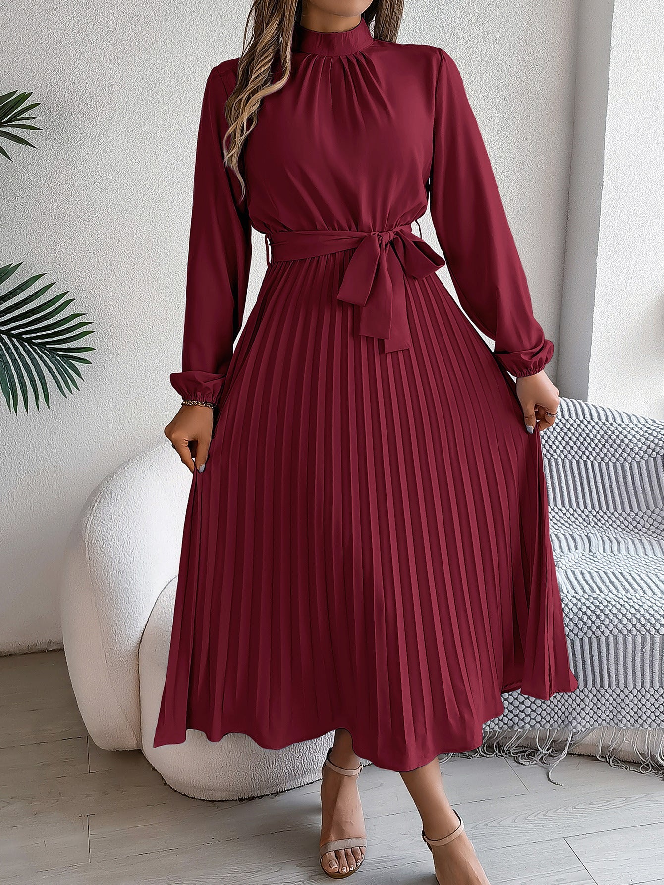 Emrienne | Retro Midi-jurk - Lange mouwen, geplooide rok, hoge hals, vintage stijl, elegante damesjurk