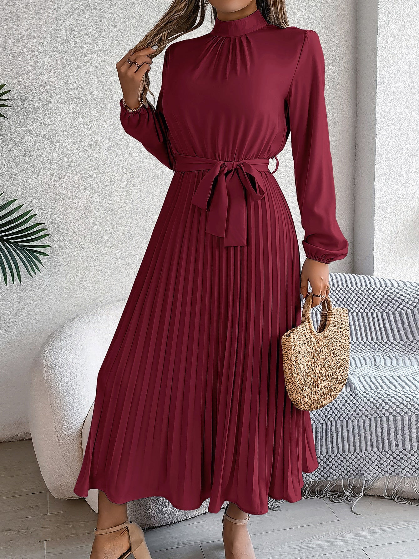 Emrienne | Retro Midi-jurk - Lange mouwen, geplooide rok, hoge hals, vintage stijl, elegante damesjurk