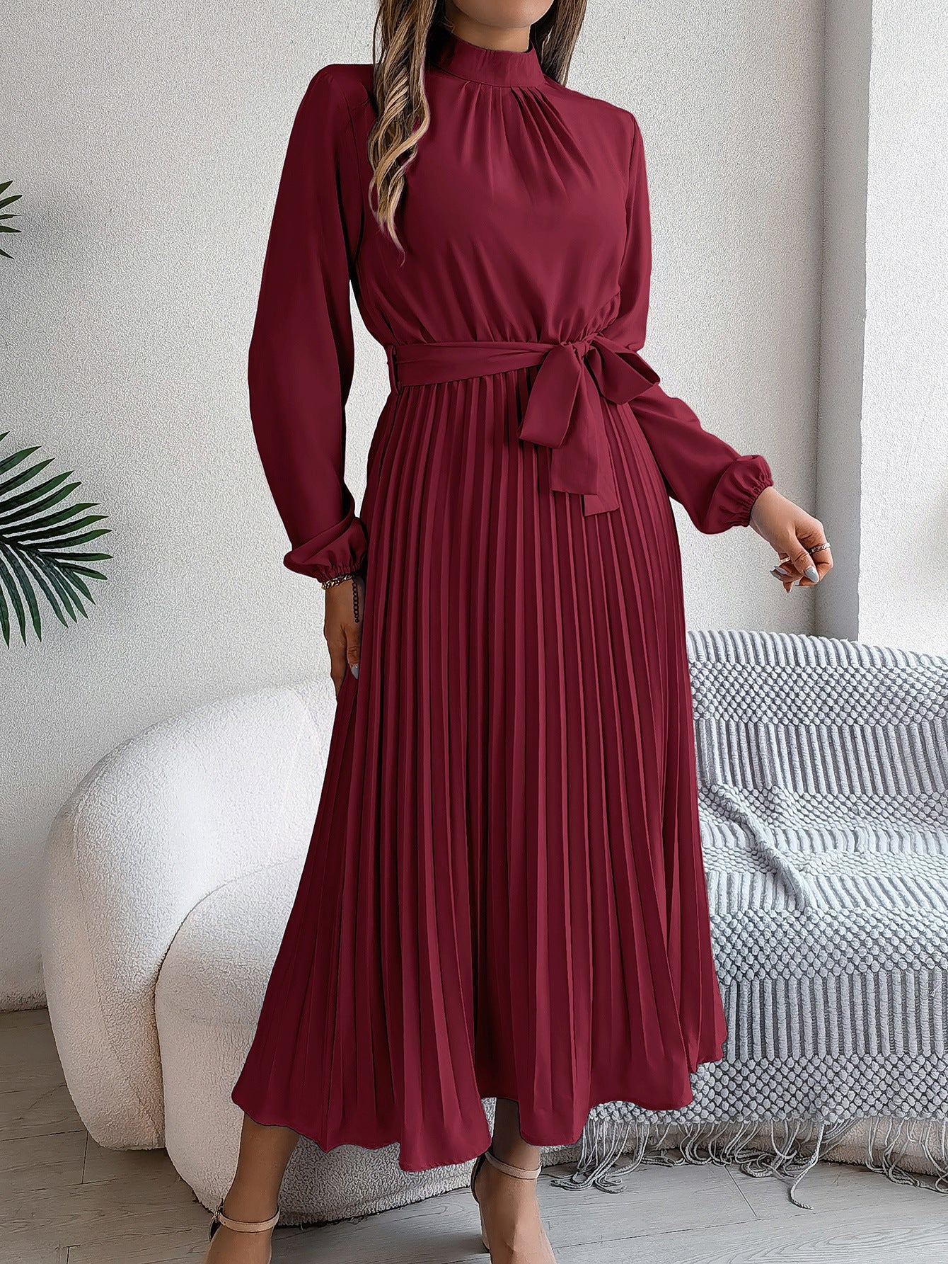 Emrienne | Retro Midi-jurk - Lange mouwen, geplooide rok, hoge hals, vintage stijl, elegante damesjurk