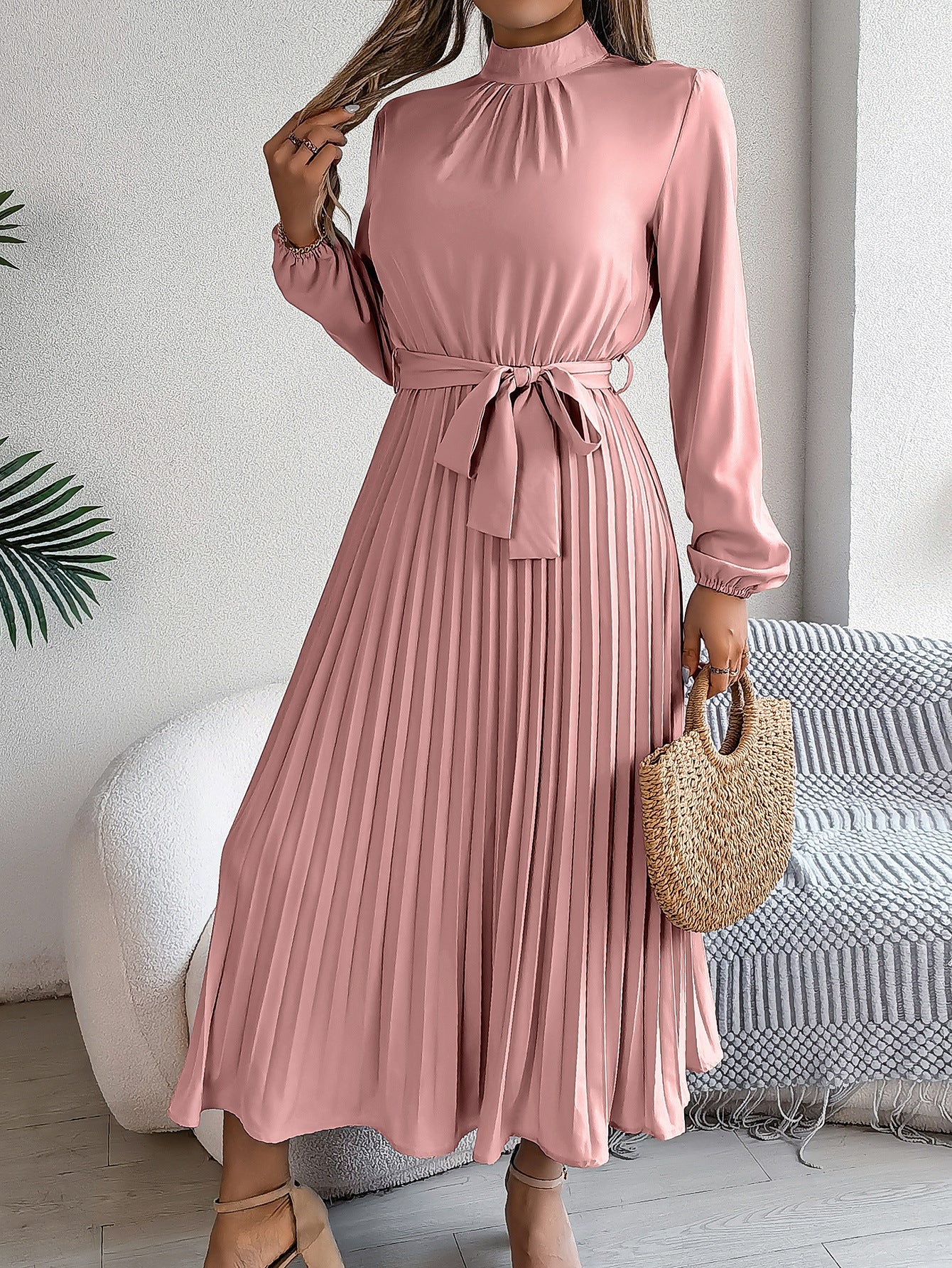 Emrienne | Retro Midi-jurk - Lange mouwen, geplooide rok, hoge hals, vintage stijl, elegante damesjurk