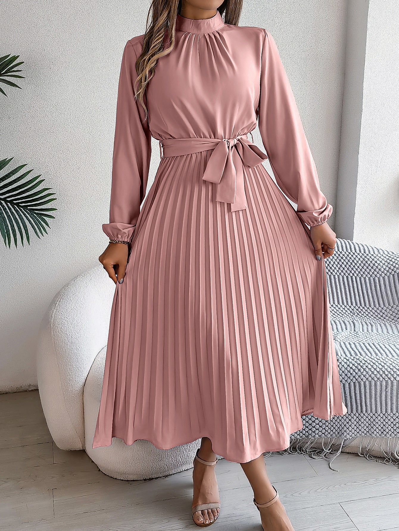 Emrienne | Retro Midi-jurk - Lange mouwen, geplooide rok, hoge hals, vintage stijl, elegante damesjurk