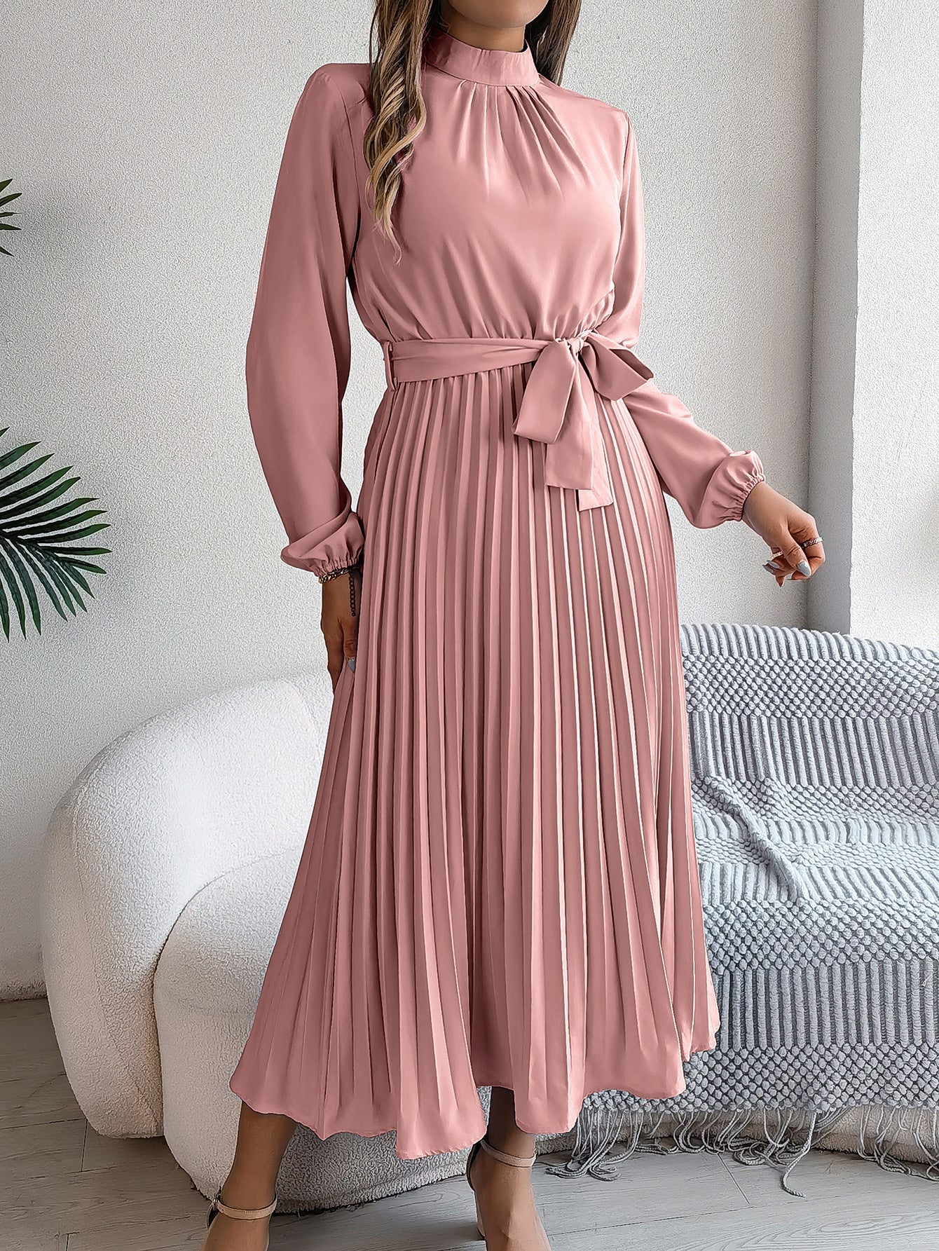 Emrienne | Retro Midi-jurk - Lange mouwen, geplooide rok, hoge hals, vintage stijl, elegante damesjurk