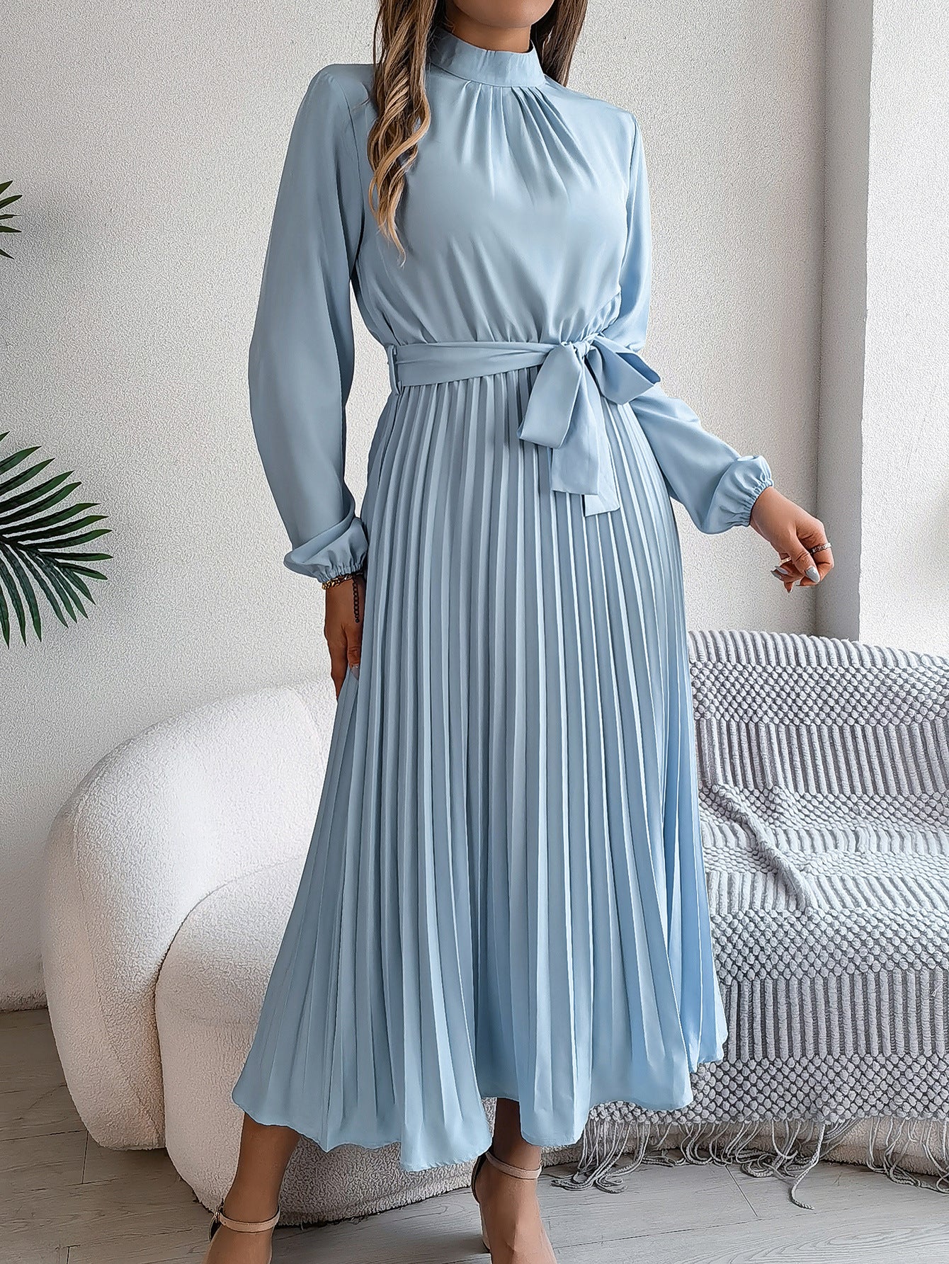 Emrienne | Retro Midi-jurk - Lange mouwen, geplooide rok, hoge hals, vintage stijl, elegante damesjurk