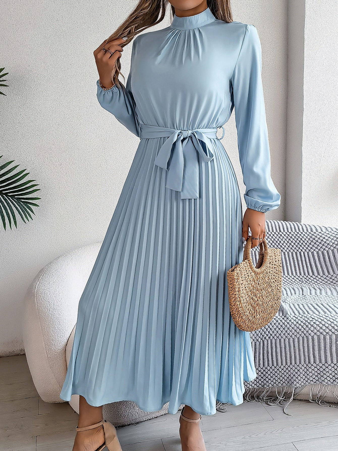 Emrienne | Retro Midi-jurk - Lange mouwen, geplooide rok, hoge hals, vintage stijl, elegante damesjurk