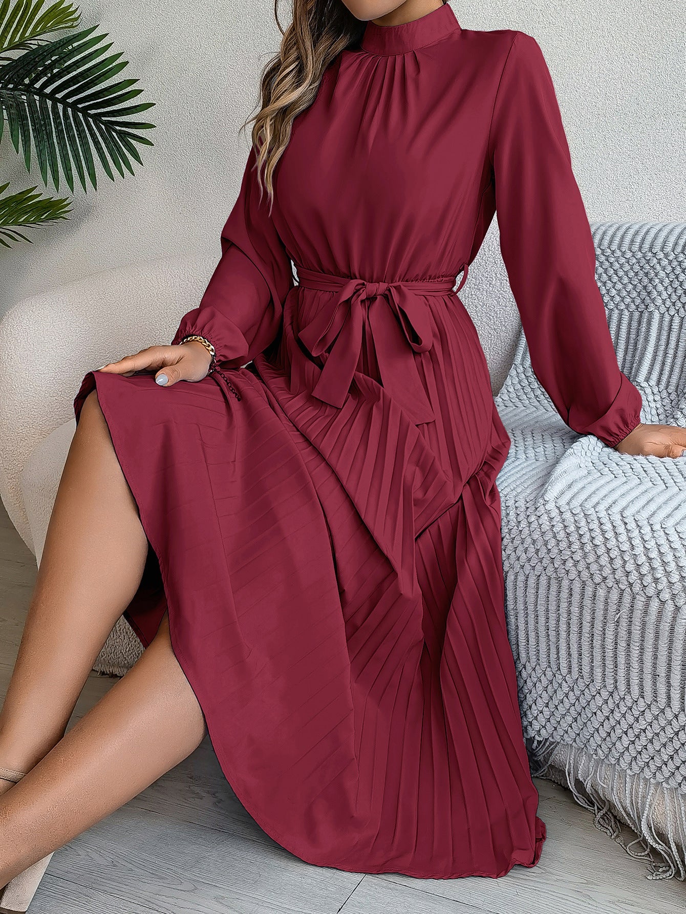 Emrienne | Retro Midi-jurk - Lange mouwen, geplooide rok, hoge hals, vintage stijl, elegante damesjurk