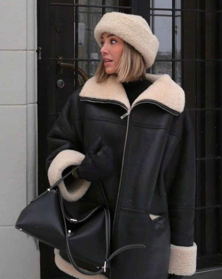 Mariselle | Oversized kunstleren jas met teddyvoering, warme winterjas, chique zwarte bovenkleding