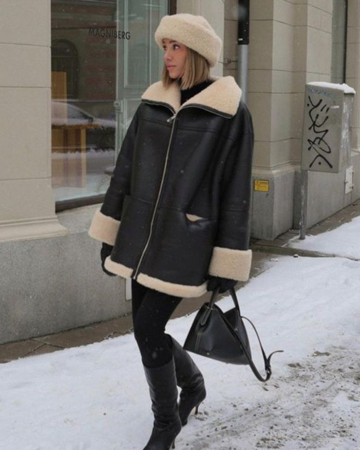 Mariselle | Oversized kunstleren jas met teddyvoering, warme winterjas, chique zwarte bovenkleding