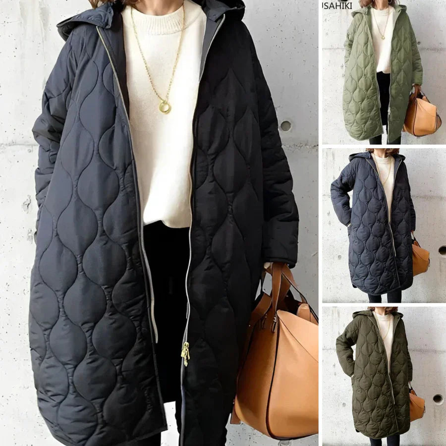 Xanthippe | Oversized gewatteerde damesjas met capuchon en doorlopende ritssluiting – Lang winterjack