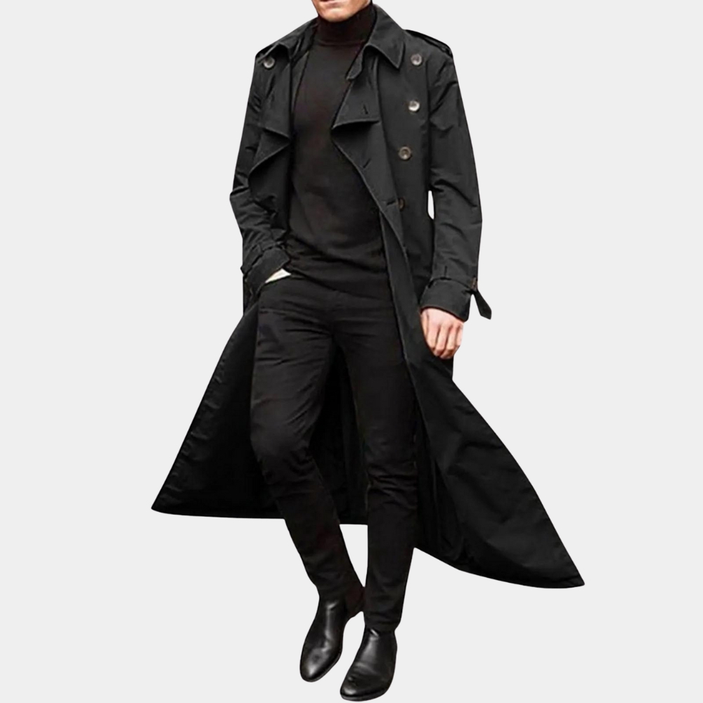 Dainius | Lange trenchcoat voor heren met dubbele knoopsluiting en riem – Klassieke lichtgewicht overjas