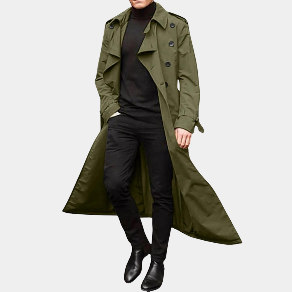 Dainius | Lange trenchcoat voor heren met dubbele knoopsluiting en riem – Klassieke lichtgewicht overjas