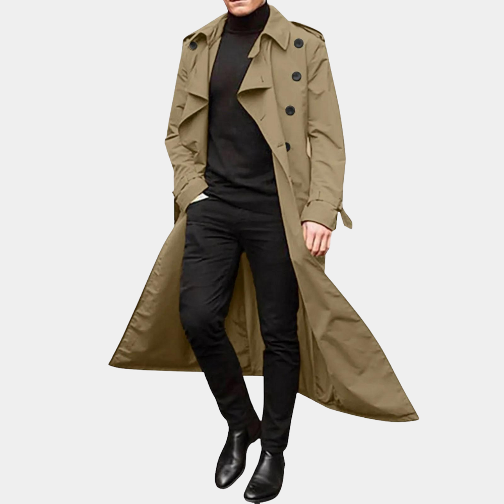Dainius | Lange trenchcoat voor heren met dubbele knoopsluiting en riem – Klassieke lichtgewicht overjas