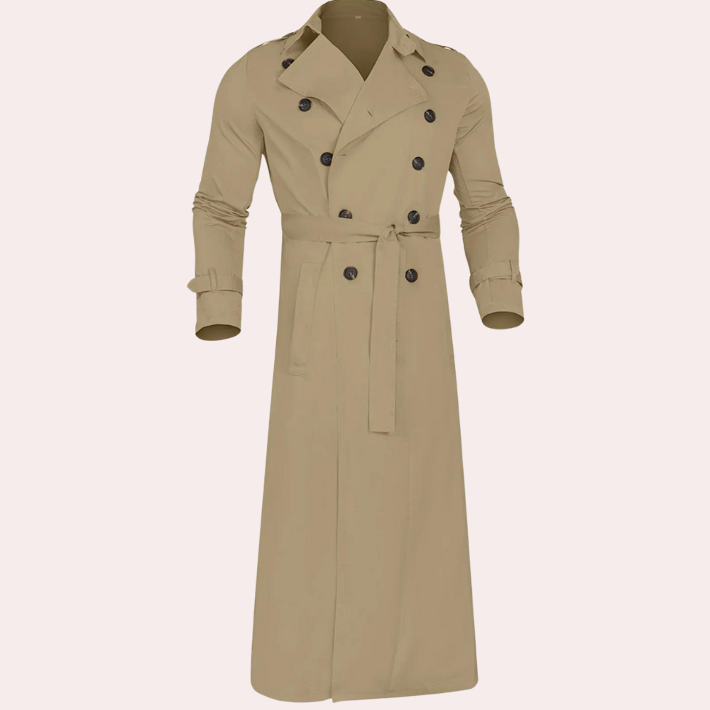Dainius | Lange trenchcoat voor heren met dubbele knoopsluiting en riem – Klassieke lichtgewicht overjas