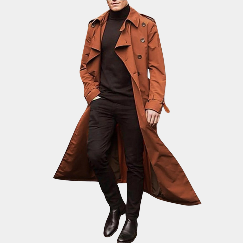 Dainius | Lange trenchcoat voor heren met dubbele knoopsluiting en riem – Klassieke lichtgewicht overjas