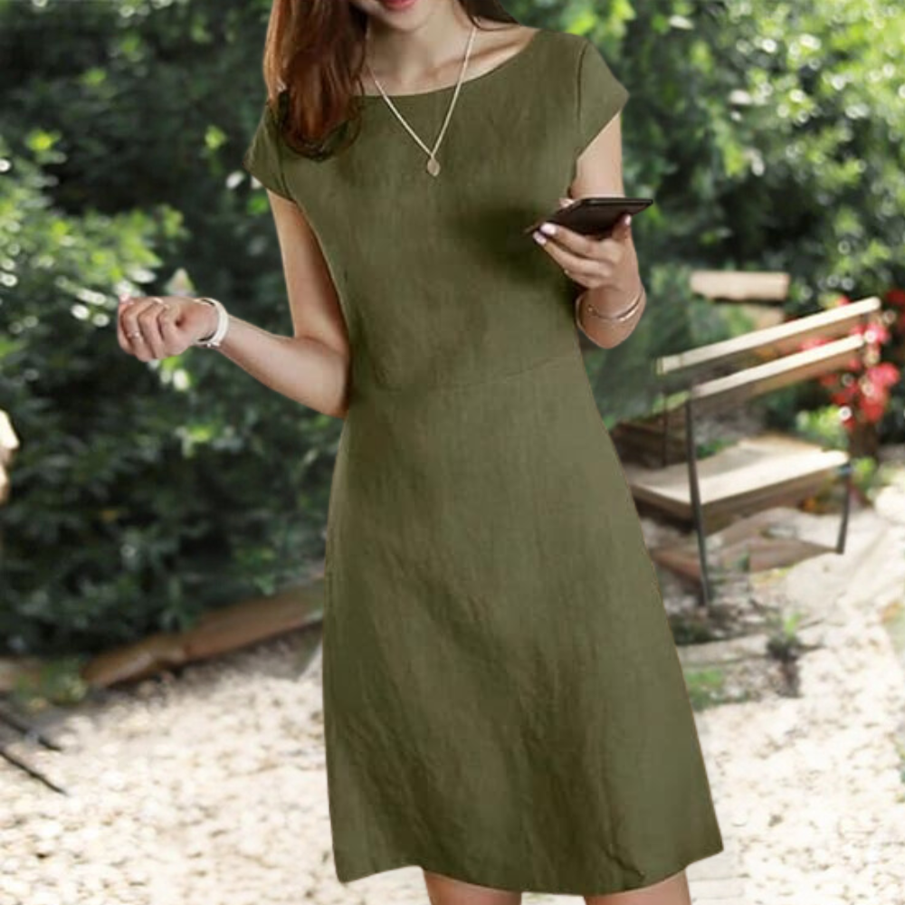 Agnete | Effen Midi jurk - Korte mouwen, casual & elegante zomerjurk