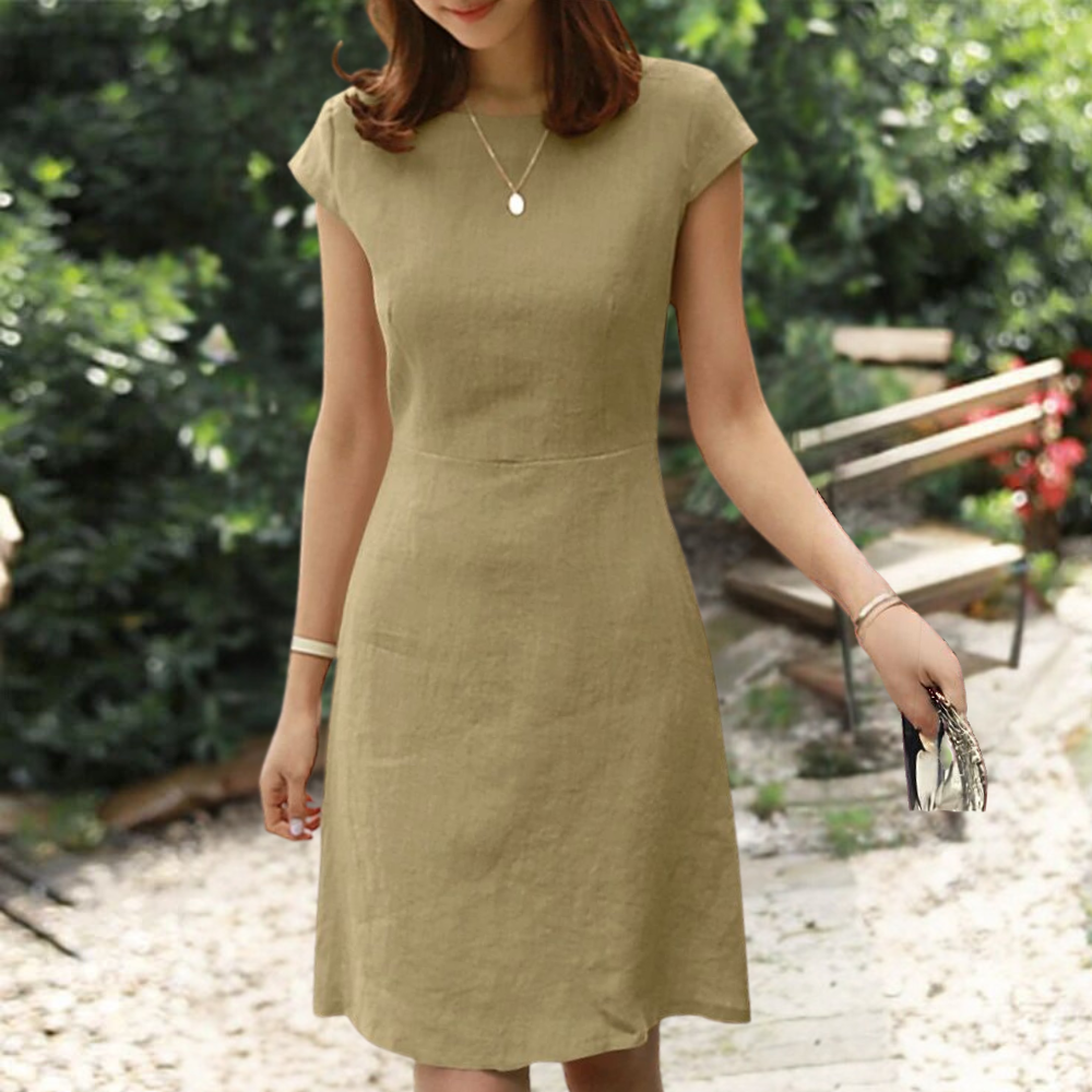 Agnete | Effen Midi jurk - Korte mouwen, casual & elegante zomerjurk