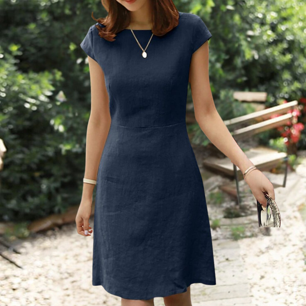 Agnete | Effen Midi jurk - Korte mouwen, casual & elegante zomerjurk