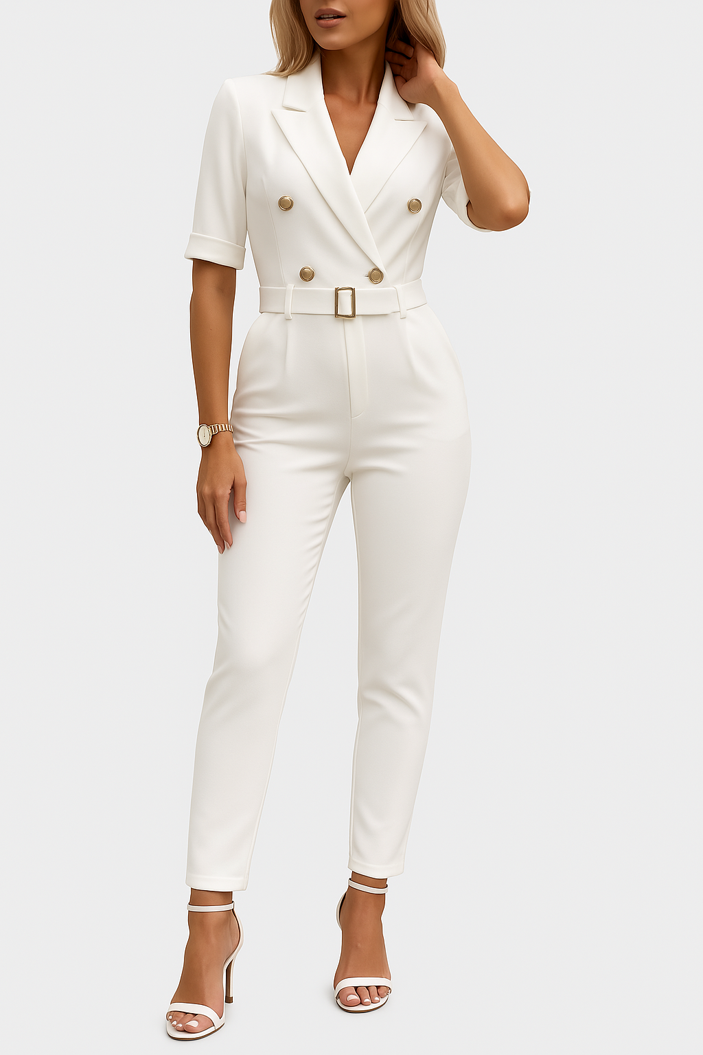 Valesia | Slim Fit jumpsuit met riem - elegant eendelig pak met twee rijen knopen