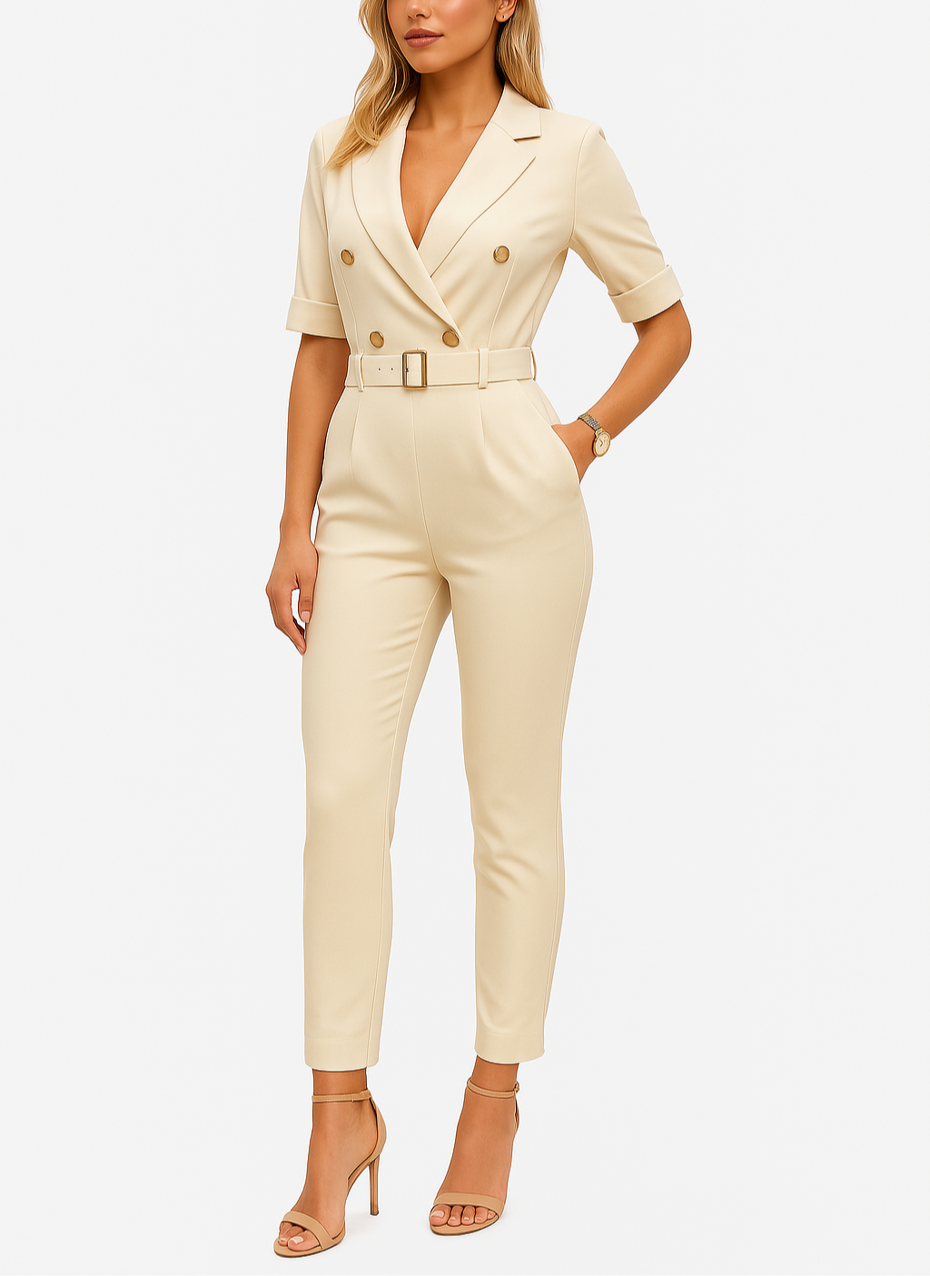 Valesia | Slim Fit jumpsuit met riem - elegant eendelig pak met twee rijen knopen