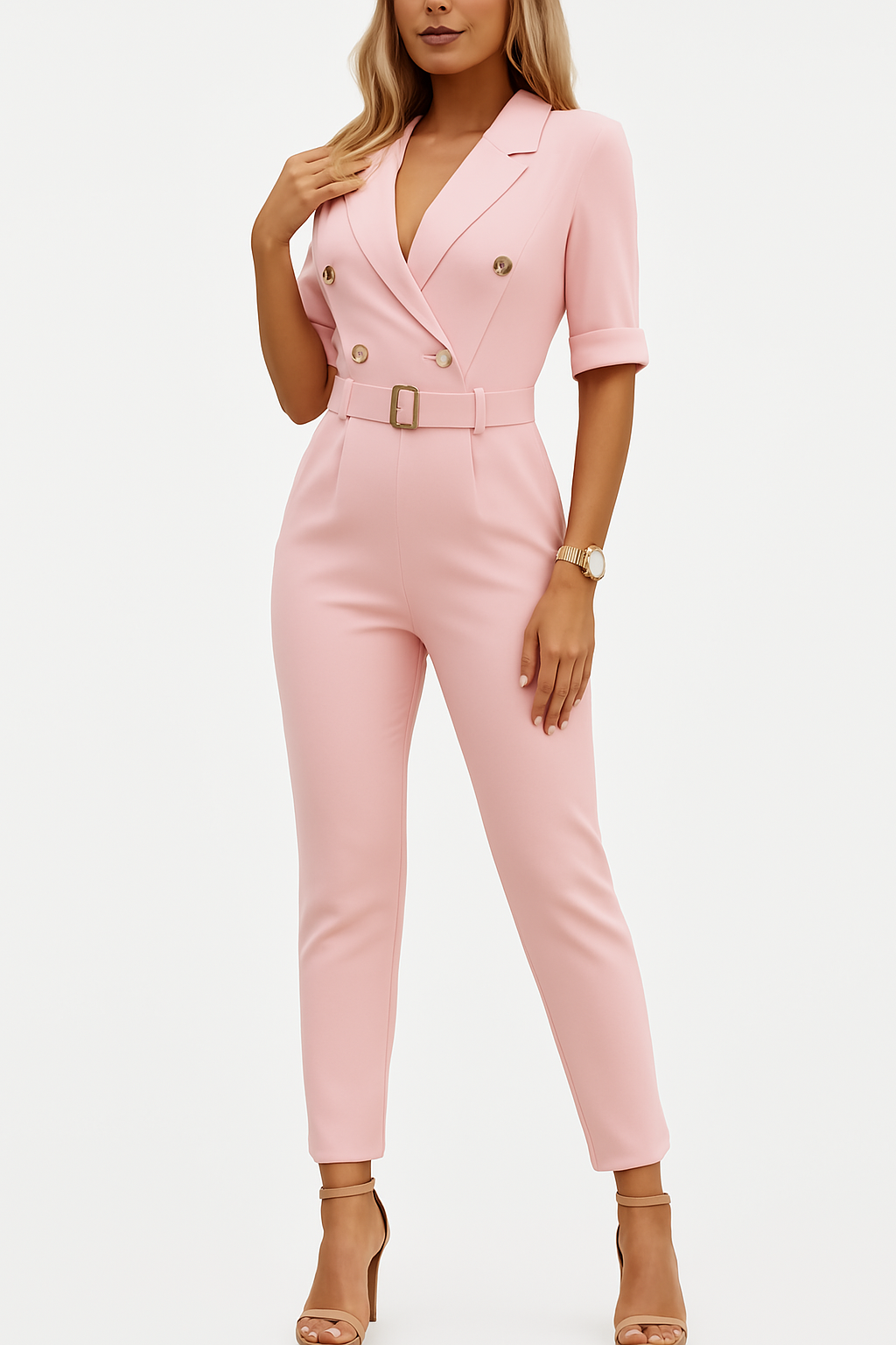 Valesia | Slim Fit jumpsuit met riem - elegant eendelig pak met twee rijen knopen