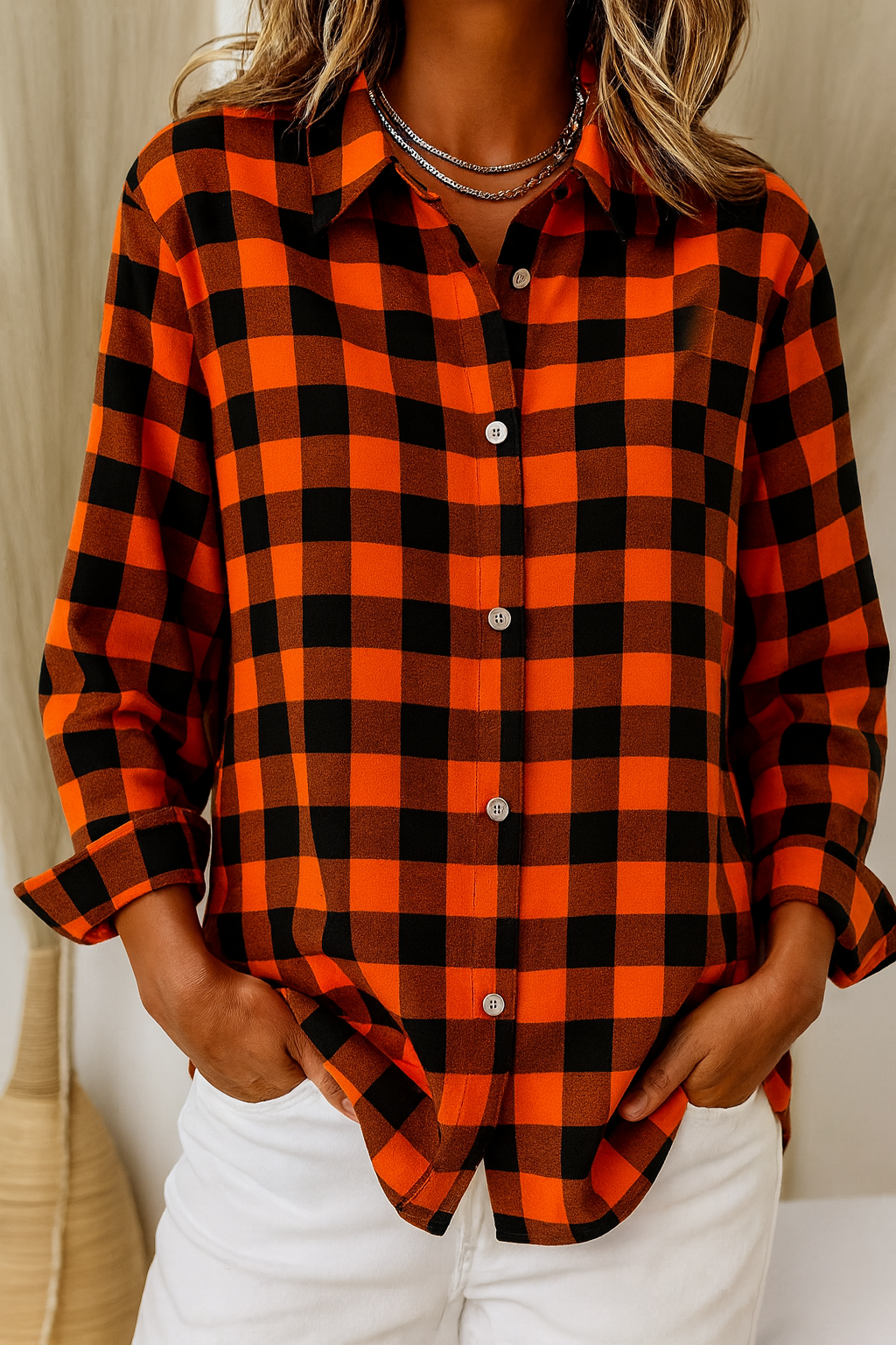 Jarella | Geruite damesblouse met omgeslagen kraag – Casual blouse met lange mouwen van katoenmix