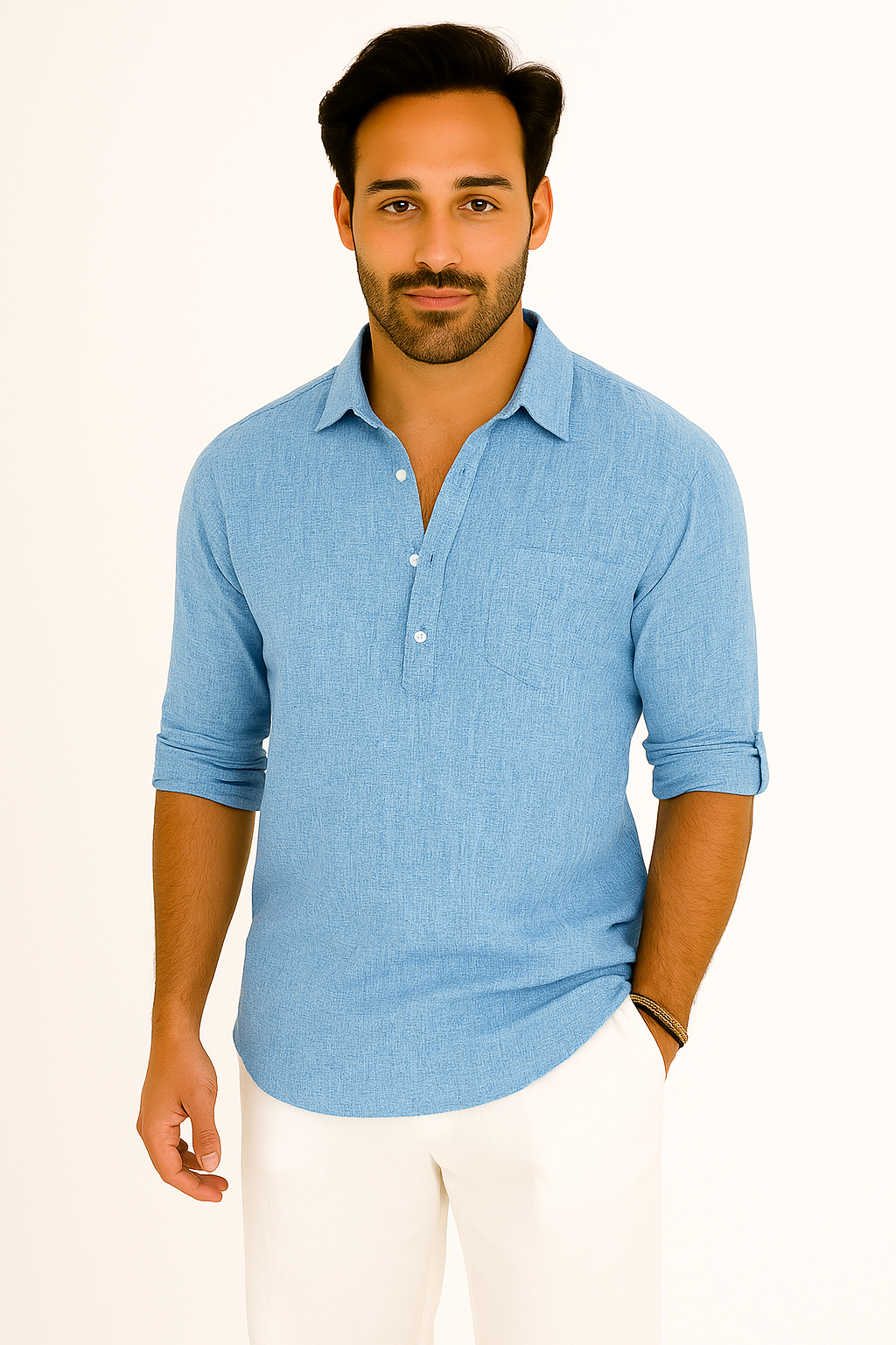 Pyrian | Heren Ademend Katoenen Shirt - Half Knoop Casual Lange Mouw Top, Opgerolde Mouwen